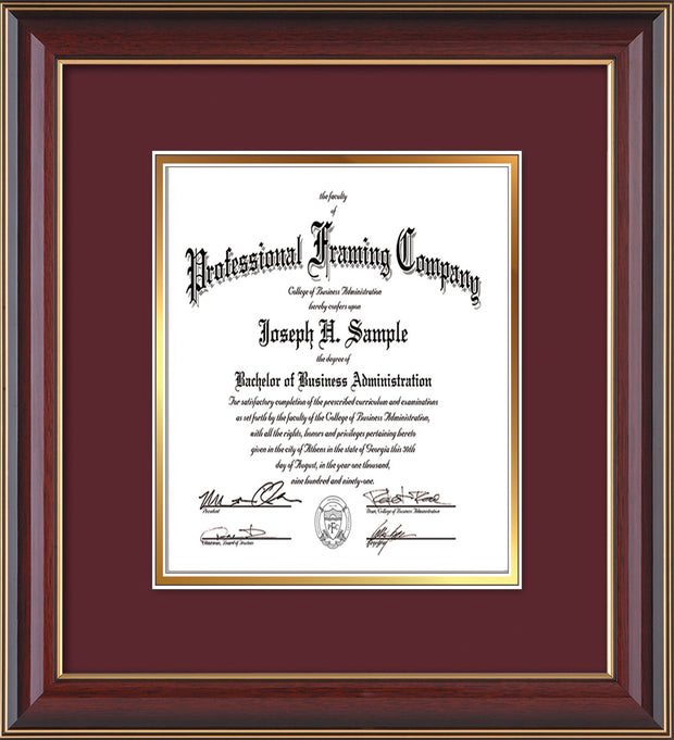Image of Custom Cherry Lacquer Art and Document Frame with Maroon on Gold Mat Vertical