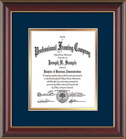 Image of Custom Cherry Lacquer Art and Document Frame with Navy on Gold Mat Vertical