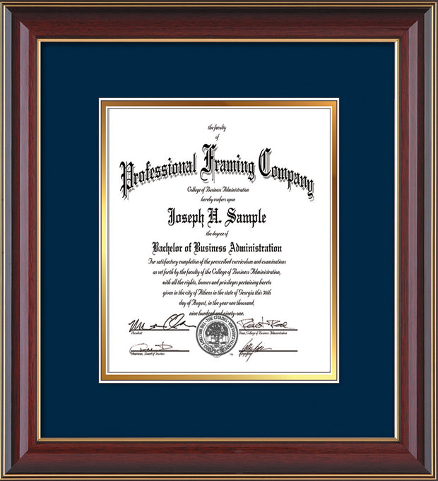 Image of Custom Cherry Lacquer Art and Document Frame with Navy on Gold Mat Vertical