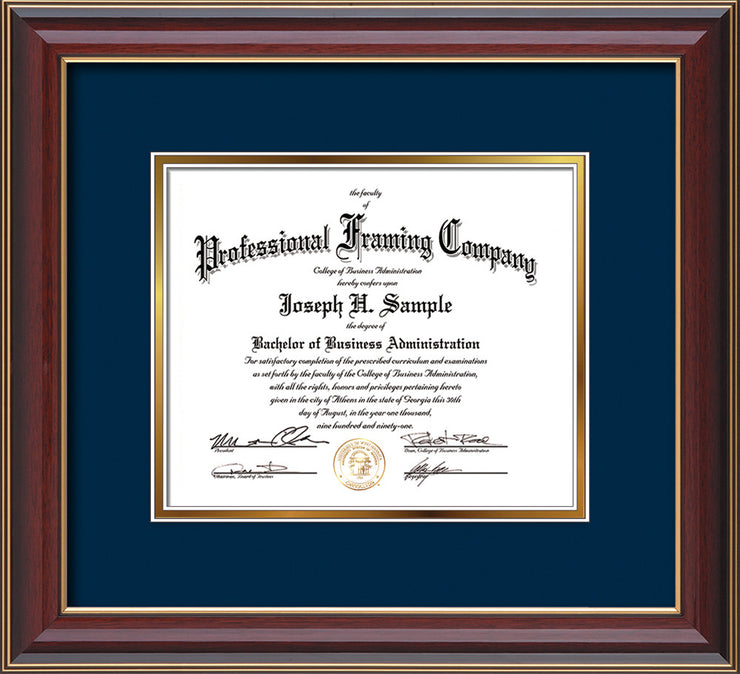 Image of Custom Cherry Lacquer Art and Document Frame with Navy on Gold Mat