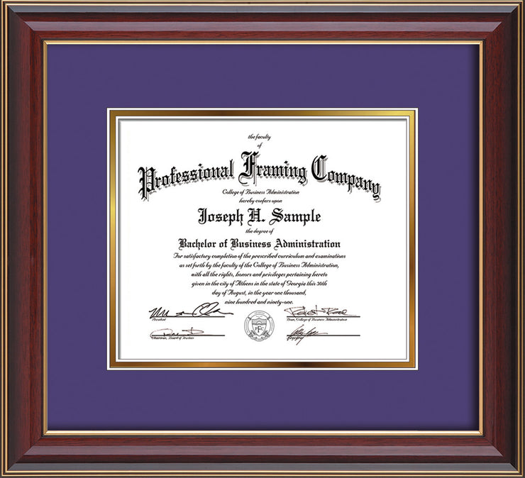 Image of Custom Cherry Lacquer Art and Document Frame with Purple on Gold Mat