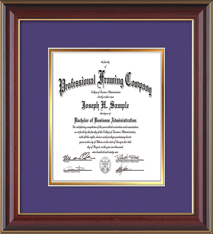Image of Custom Cherry Lacquer Art and Document Frame with Purple on Gold Mat Vertical