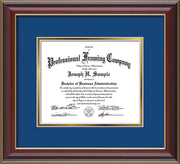 Image of Custom Cherry Lacquer Art and Document Frame with Royal Blue on Gold Mat