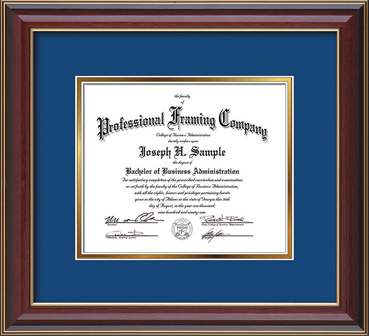 Image of Custom Cherry Lacquer Art and Document Frame with Royal Blue on Gold Mat
