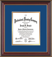 Image of Custom Cherry Lacquer Art and Document Frame with Royal Blue on Gold Mat Vertical