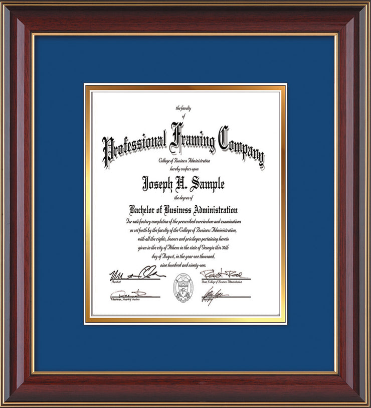 Image of Custom Cherry Lacquer Art and Document Frame with Royal Blue on Gold Mat Vertical