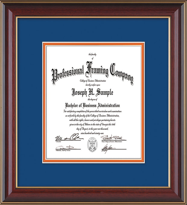 Image of Custom Cherry Lacquer Art and Document Frame with Royal Blue on Orange Mat Vertical