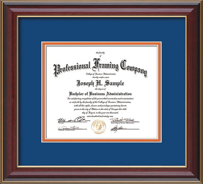 Image of Custom Cherry Lacquer Art and Document Frame with Royal Blue on Orange Mat