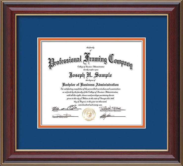 Image of Custom Cherry Lacquer Art and Document Frame with Royal Blue on Orange Mat