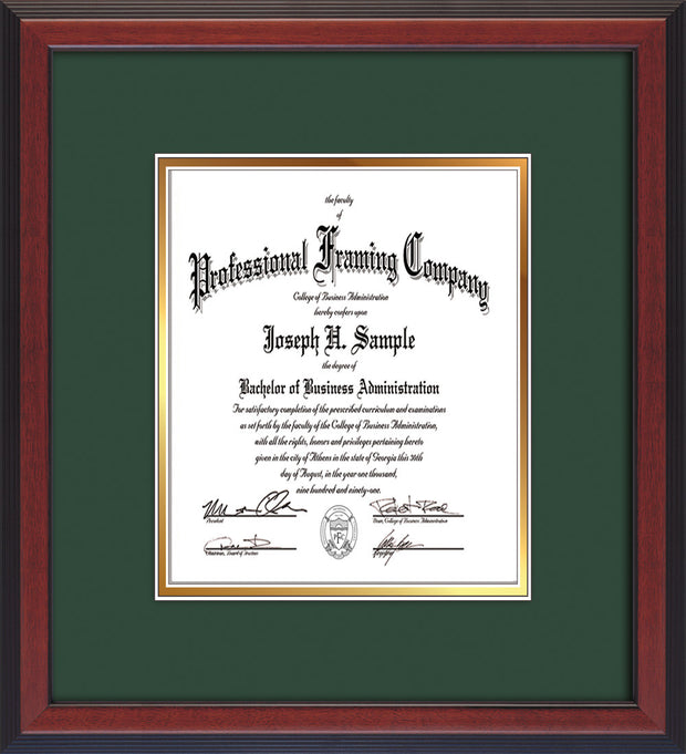 Image of Custom Cherry Reverse Art and Document Frame with Green on Gold Mat Vertical