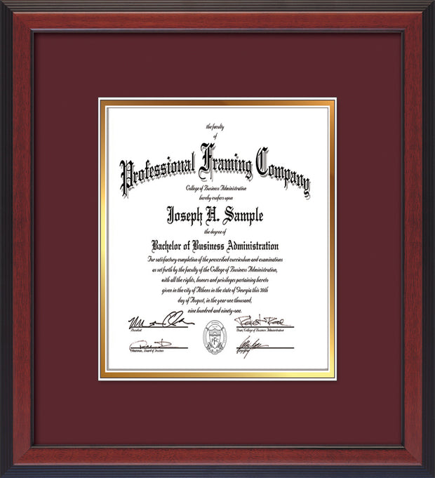 Image of Custom Cherry Reverse Art and Document Frame with Maroon on Gold Mat Vertical
