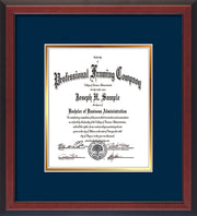 Image of Custom Cherry Reverse Art and Document Frame with Navy on Gold Mat Vertical
