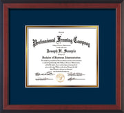 Image of Custom Cherry Reverse Art and Document Frame with Navy on Gold Mat 