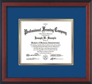 Image of Custom Cherry Reverse Art and Document Frame with Royal Blue on Gold Mat