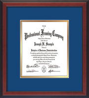 Custom Cherry Reverse Art and Document Frame with Royal Blue on Gold Mat