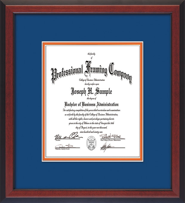 Image of Custom Cherry Reverse Art and Document Frame with Royal Blue on Orange Mat Vertical