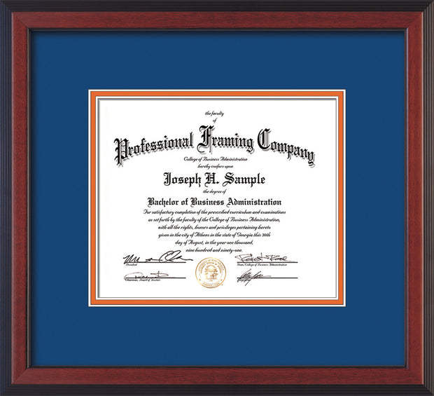 Image of Custom Cherry Reverse Art and Document Frame with Royal Blue on Orange Mat
