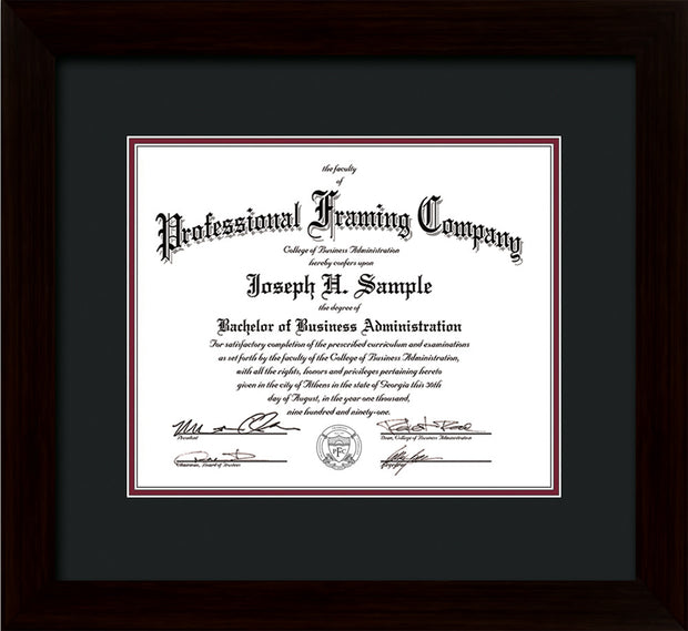 Image of Custom Flat Matte Black Art and Document Frame with Black on Maroon Mat