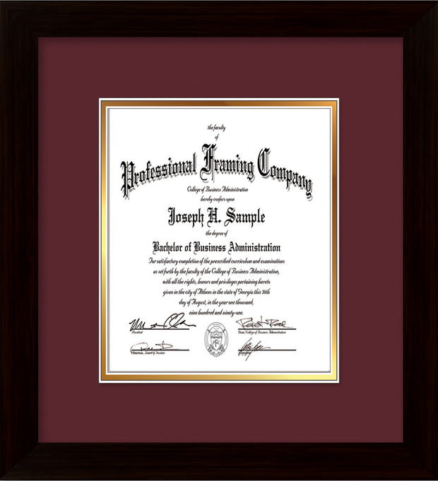 Image of Custom Flat Matte Black Art and Document Frame with Maroon on Gold Mat Vertical