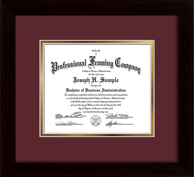 Image of Custom Flat Matte Black Art and Document Frame with Maroon on Gold Mat