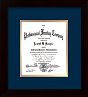 Image of Custom Flat Matte Black Art and Document Frame with Navy on Gold Mat Vertical