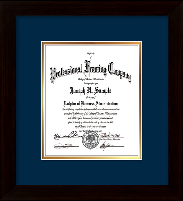 Image of Custom Flat Matte Black Art and Document Frame with Navy on Gold Mat Vertical