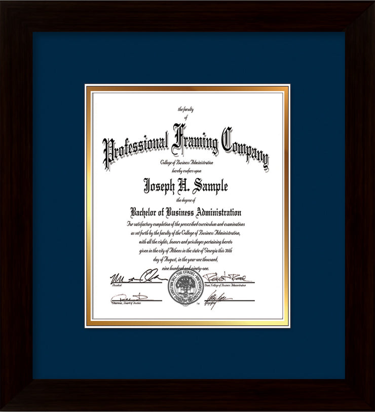 Image of Custom Flat Matte Black Art and Document Frame with Navy on Gold Mat Vertical