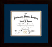 Image of Custom Flat Matte Black Art and Document Frame with Navy on Gold Mat