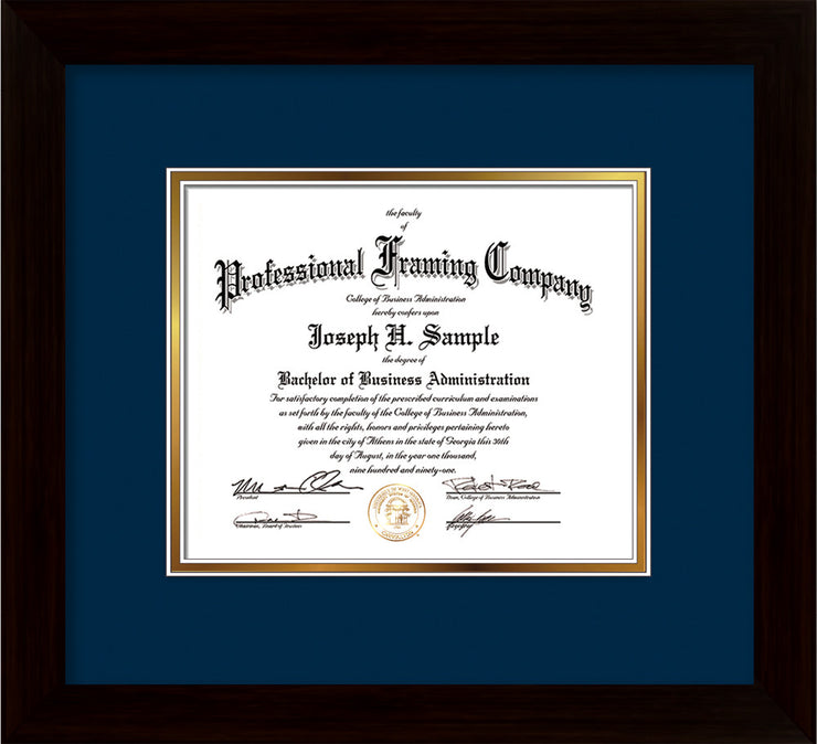 Image of Custom Flat Matte Black Art and Document Frame with Navy on Gold Mat