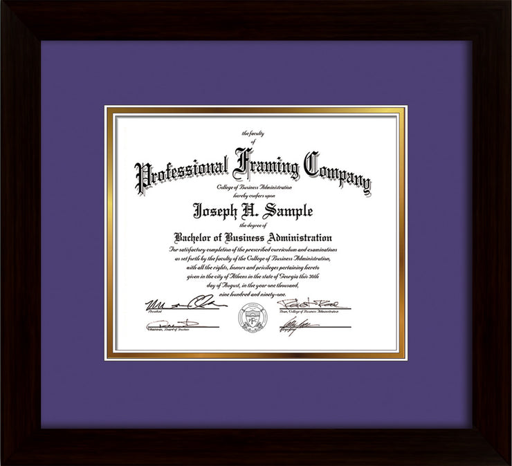 Image of Custom Flat Matte Black Art and Document Frame with Purple on Gold Mat