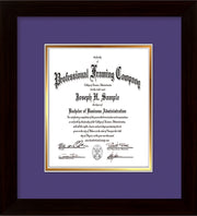 Image of Custom Flat Matte Black Art and Document Frame with Purple on Gold Mat Vertical
