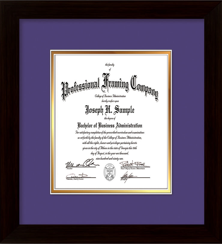 Image of Custom Flat Matte Black Art and Document Frame with Purple on Gold Mat Vertical