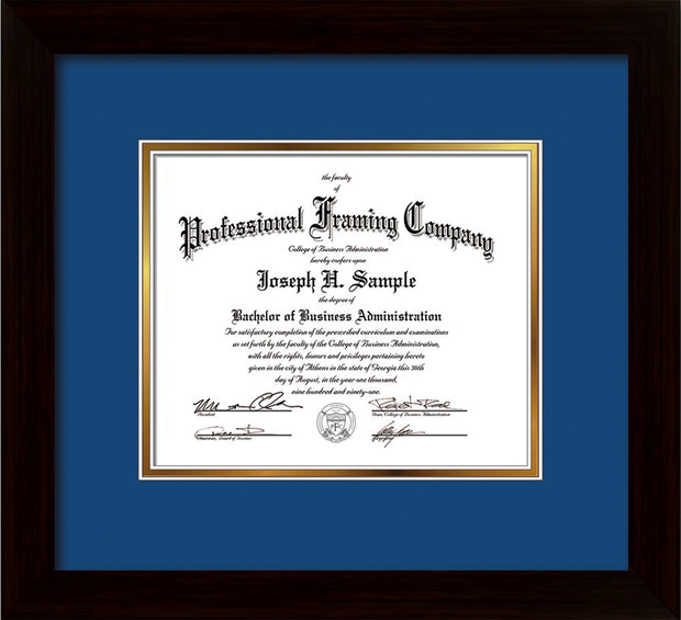 Image of Custom Flat Matte Black Art and Document Frame with Royal Blue on Gold Mat