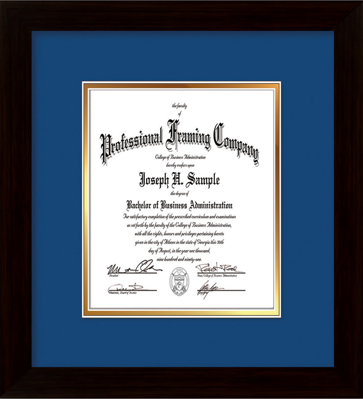 Image of Custom Flat Matte Black Art and Document Frame with Royal Blue on Gold Mat Vertical
