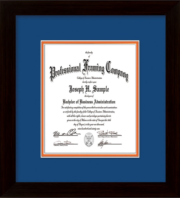 Image of Custom Flat Matte Black Art and Document Frame with Royal Blue on Orange Mat Vertical