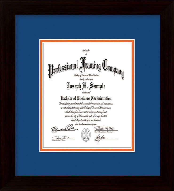 Image of Custom Flat Matte Black Art and Document Frame with Royal Blue on Orange Mat Vertical