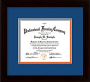 Image of Custom Flat Matte Black Art and Document Frame with Royal Blue on Orange Mat