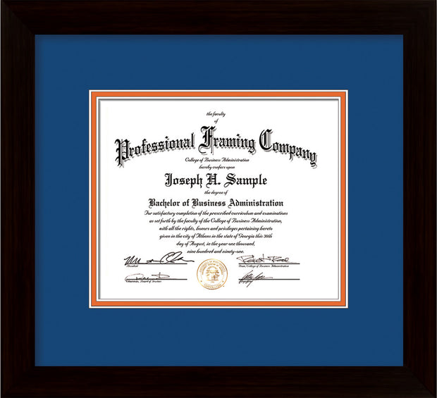 Image of Custom Flat Matte Black Art and Document Frame with Royal Blue on Orange Mat