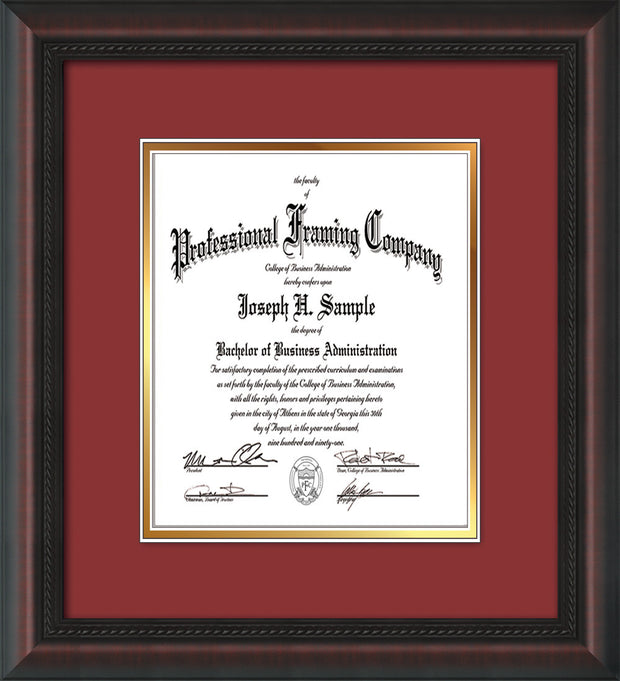 Image of Custom Mahogany Braid Art and Document Frame with Garnet on Gold Mat Vertical
