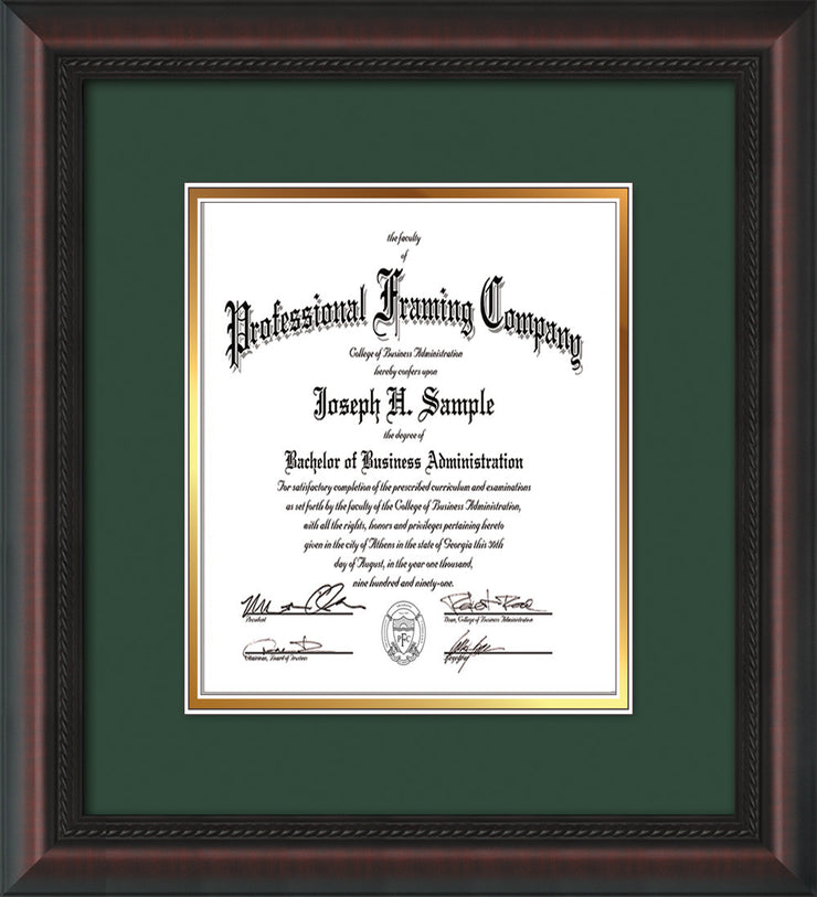 Image of Custom Mahogany Braid Art and Document Frame with Green on Gold Mat Vertical