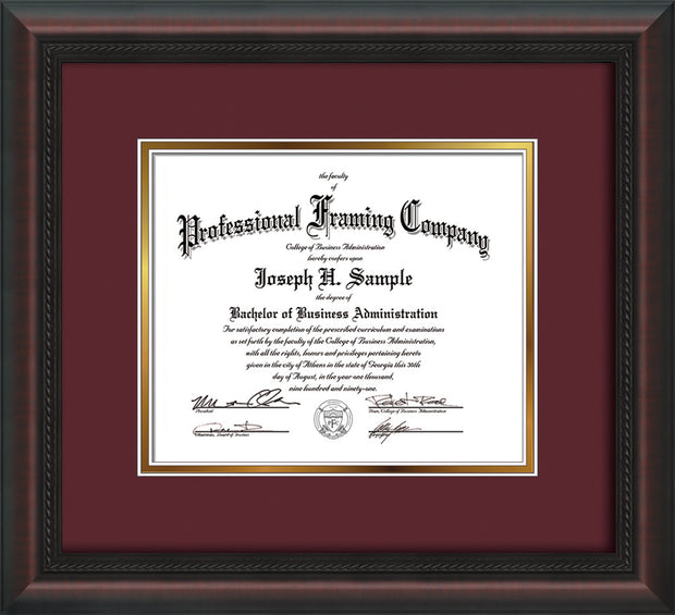 Image of Custom Mahogany Braid Art and Document Frame with Maroon on Gold Mat