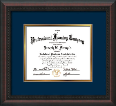 Image of Custom Mahogany Braid Art and Document Frame with Navy on Gold Mat