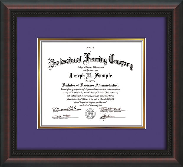Image of Custom Mahogany Braid Art and Document Frame with Purple on Gold Mat