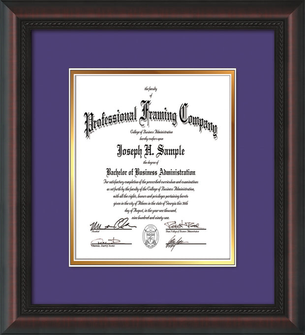 Image of Custom Mahogany Braid Art and Document Frame with Purple on Gold Mat Vertical