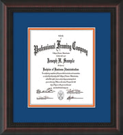 Image of Custom Mahogany Braid Art and Document Frame with Royal Blue on Orange Mat Vertical