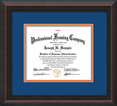 Image of Custom Mahogany Braid Art and Document Frame with Royal Blue on Orange Mat