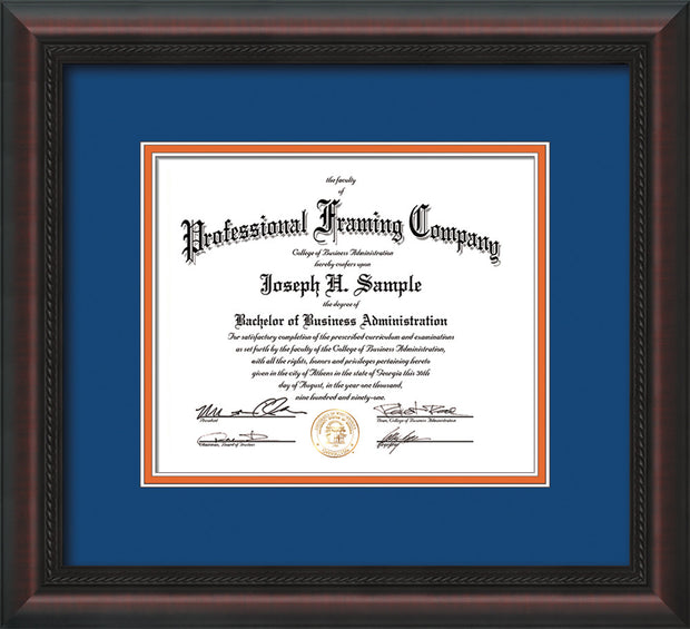 Image of Custom Mahogany Braid Art and Document Frame with Royal Blue on Orange Mat