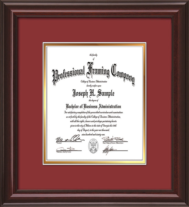 Image of Custom Mahogany Lacquer Art and Document Frame with Garnet on Gold Mat Vertical