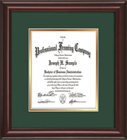 Image of Custom Mahogany Lacquer Art and Document Frame with Green on Gold Mat Vertical