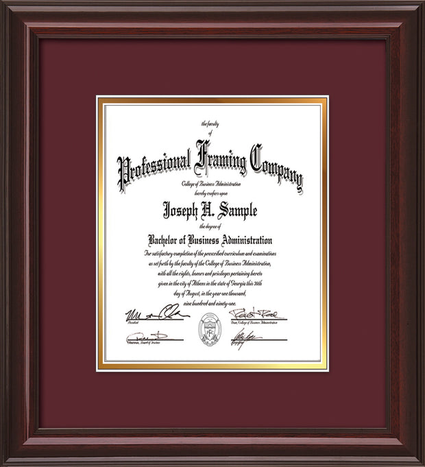 Image of Custom Mahogany Lacquer Art and Document Frame with Maroon on Gold Mat Vertical
